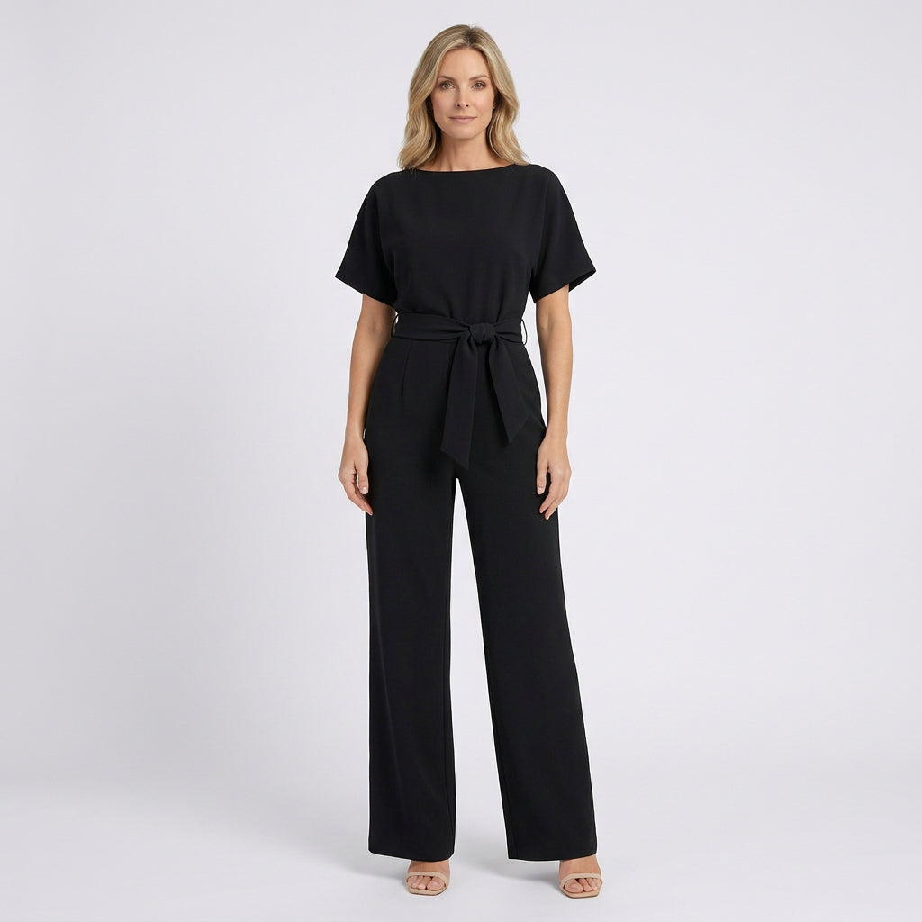 Women Wide Leg Jumpsuit Tie Waist Short Sleeve - Smart Casual One Piece