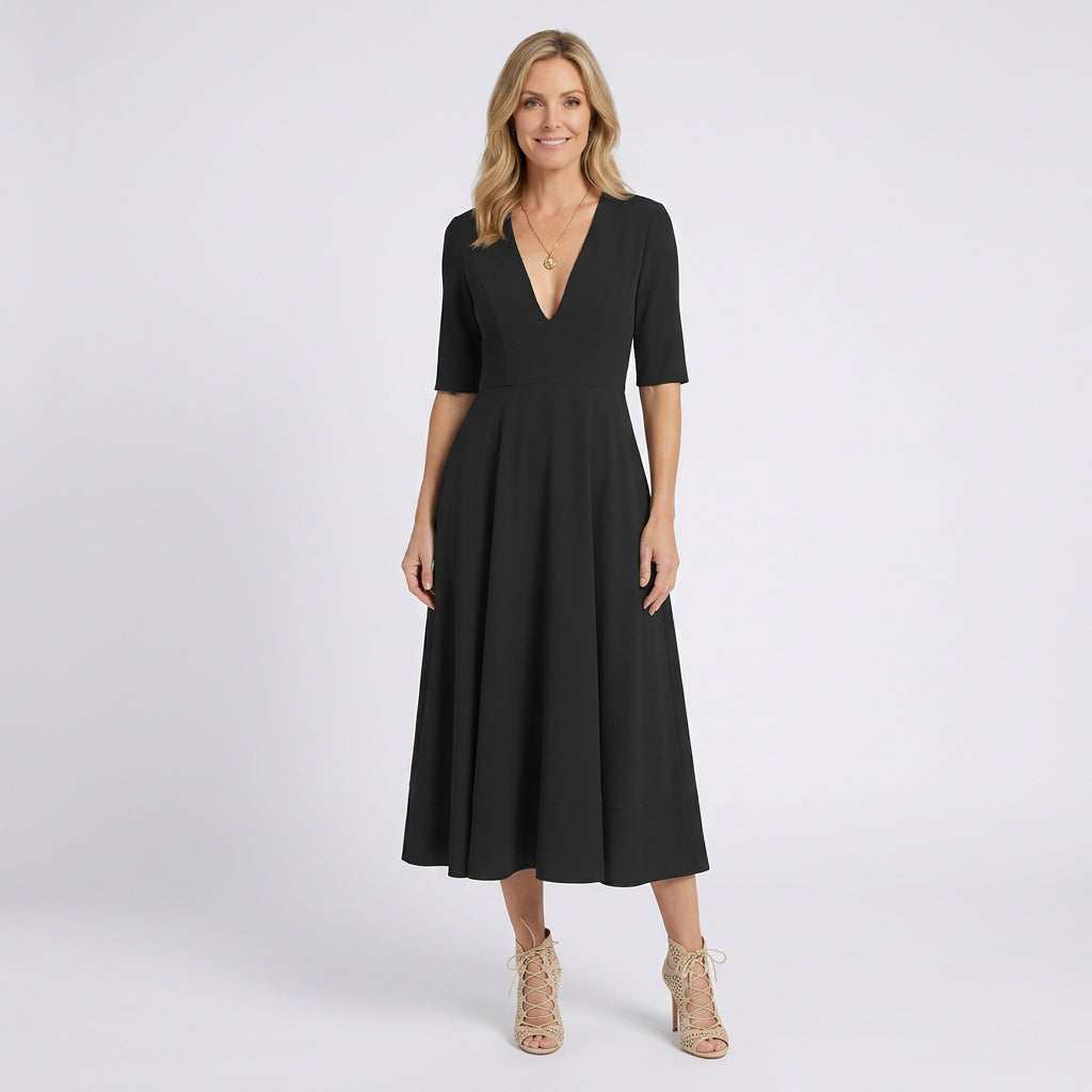Women V Neck Midi Fit and Flare Dress - Elbow Sleeve Occasion Dress