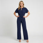 Women’s Tie Waist Wide Leg Jumpsuit – Short Sleeve Straight Neck
