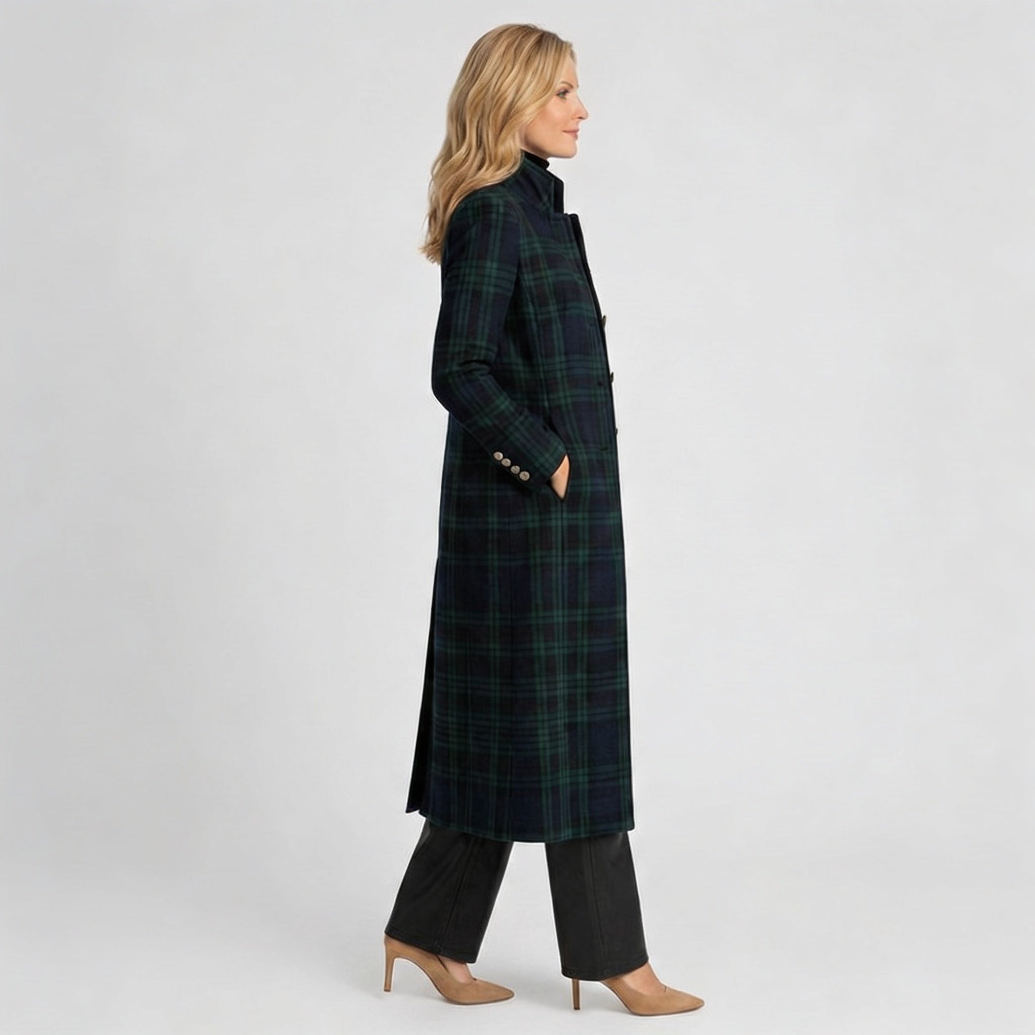 Women’s Long Check Coat – Tailored Button Front Overcoat