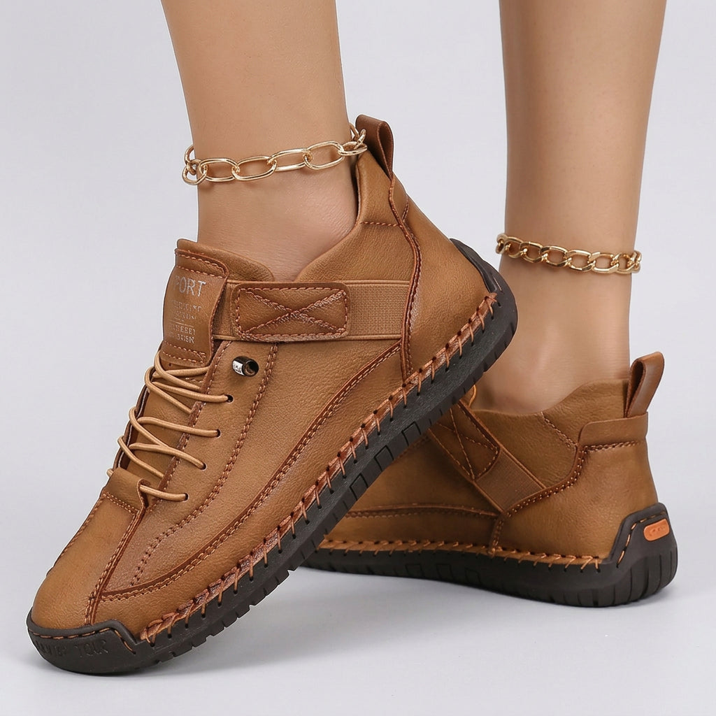 Women Leather Casual Sneakers Lace Up Comfort Shoes - Low Top Sneakers
